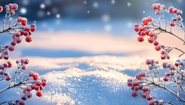Frosty Winter Berries On Snow Holiday Nature Background