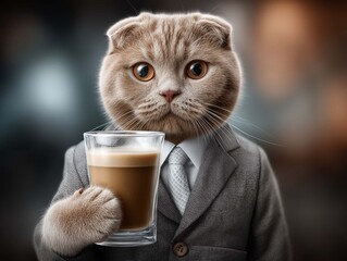 Scottish Fold cat in the office dressed in a business suit, holding a cup of coffee