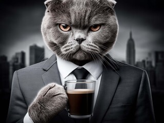 A Scottish Fold cat in a bad mood, dressed in a business suit, holding a cup of coffee against a city background.