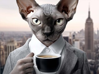 A close-up portrait of a sphinx dressed in a business suit, holding a cup of coffee