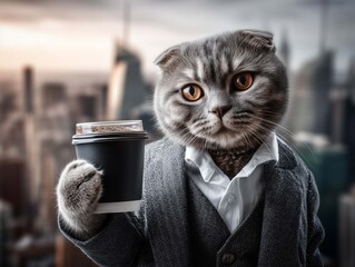 A Scottish Fold cat in a business suit holds a cup of coffee against a city backdrop.