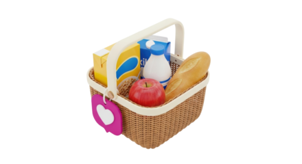 Isolated picnic basket with bread, apple, milk, and juice carton for food and fun outdoors