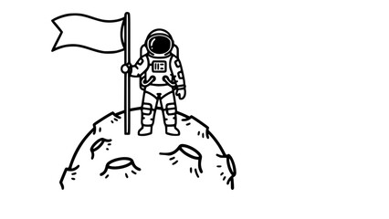 Obraz premium Vector line art of an astronaut standing on a small moon surface holding a flag, black and white, isolated, bold outlines, minimalist design