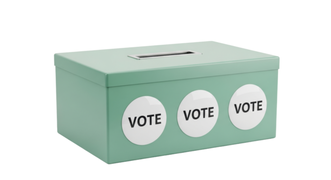 Isolated green ballot box with a slot for voting, political process representation