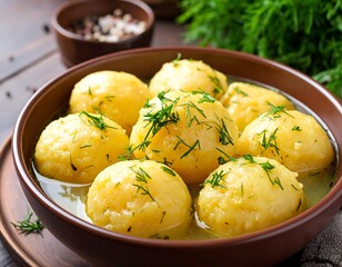 Bowl of soft, yellow dumplings swimming in broth and garnished with fresh green dill, all on a wooden table