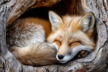 Naklejka premium Red fox curled up in a cozy nook of a tree during a sunny afternoon