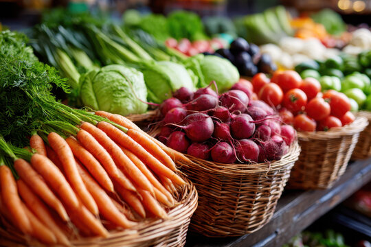 Fresh Organic Vegetables in Wicker Baskets at Market