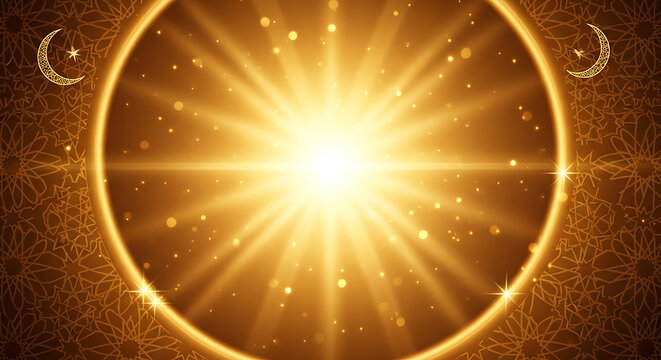 Golden islamic background with crescent moons and starburst light in a circular frame design element