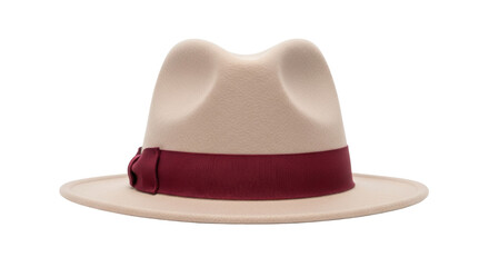 Isolated beige fedora hat with a maroon ribbon trim, an elegant and stylish accessory