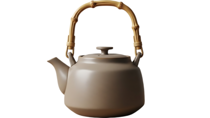 A ceramic teapot with a bamboo handle on a black background in a studio setting with soft lighting