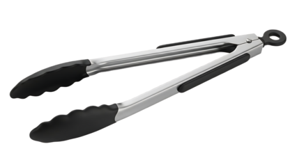 A photograph of metal tongs with black silicone tips isolated against a black background studio shot