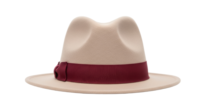 Isolated beige fedora hat with a maroon ribbon trim, an elegant and stylish accessory