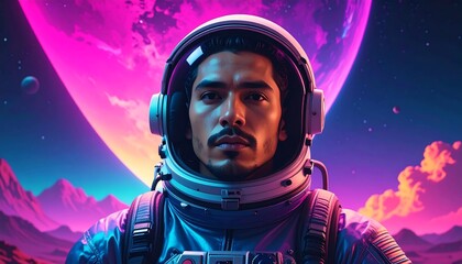 Astronaut with a serious expression, against a vibrant, colorful alien landscape with pink planet and purple mountains