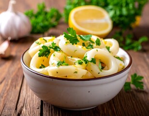 Bowl of squid rings topped with parsley, lemon zest and garlic on wood