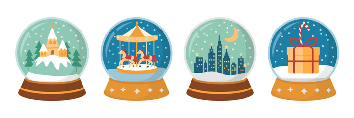 Obraz premium This image showcases four enchanting snow globes, each depicting unique winter themes: a castle, a carousel, a city skyline, and a festive gift, all encapsulated in glass.