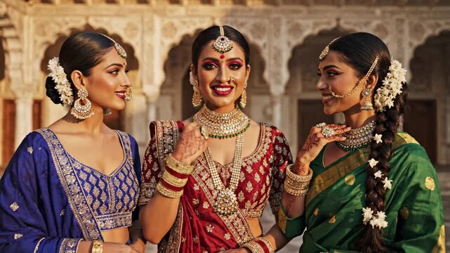 South Asian Women in Traditional Attire - This stock video shows three women in traditional South Asian attire and makeup, adorned with intricate jewelry and henna.