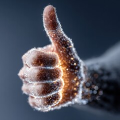 Close up of a hand giving a thumbs up with glowing particles.
