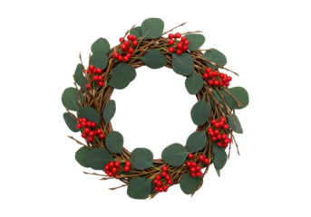 Isolated decorative holiday Christmas wreath made of twigs, leaves and red berries