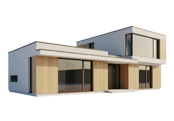 Isolated modern architectural visualization of a building with wood siding and large windows