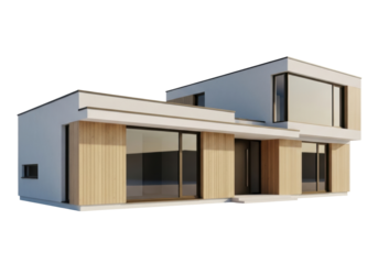 Isolated modern architectural visualization of a building with wood siding and large windows