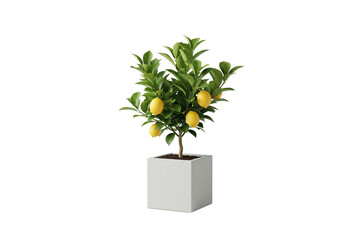 Potted lemon tree (Citrus limon) with ripe fruit in a square light gray planter, isolated on white
