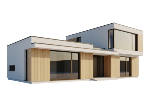 Isolated modern architectural visualization of a building with wood siding and large windows