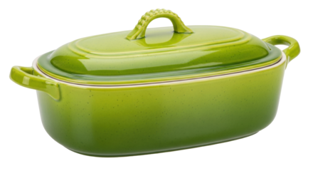 Isolated green ceramic casserole dish, glazed surface and lid with decorative handle detail