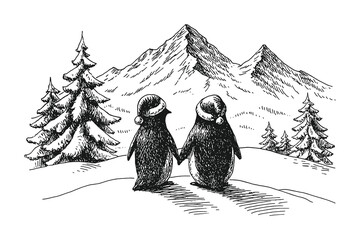 Charming black-and-white penguin couple and mountain scenery vector, hand-drawn in classic engraving style for winter prints, animal illustrations, and nature-themed designs. © Chairul