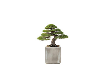 Japanese black pine bonsai tree in a tall, square concrete planter, isolated on white