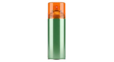 Isolated green spray can for cosmetics or disinfectant with orange cap on a neutral surface