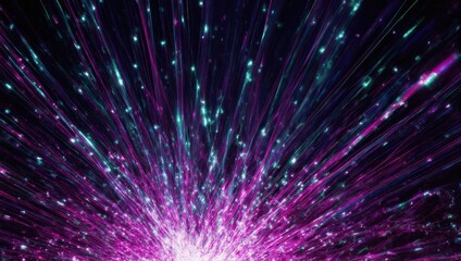 Abstract vibrant explosion of purple and teal lines and particles against a dark background