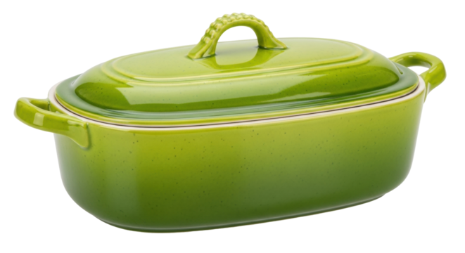 Isolated green ceramic casserole dish, glazed surface and lid with decorative handle detail