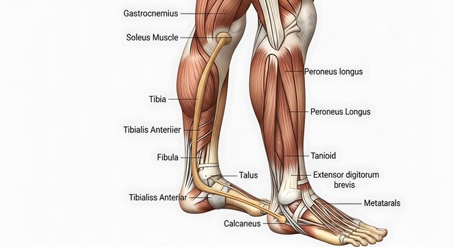 Human leg anatomy displaying muscles, bones and tendons.