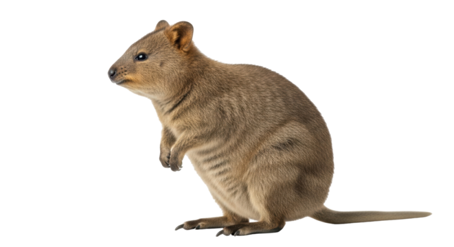 Isolated Quokka stands alert on its hind legs, looking to the left, curious and cautious