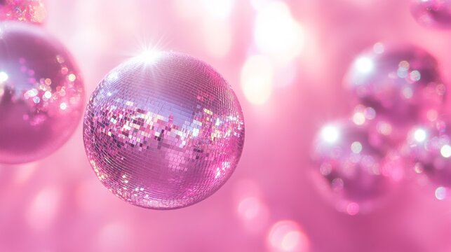 Pink disco ball sparkling with bokeh backgound. Party celebration decor for event, dance, music, club design. Fun festive background.
