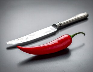 A vibrant red chili pepper rests near a silver knife on a dark, reflective surface, casting subtle shadows