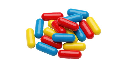 Isolated group of three-colored medical capsules, drugs and supplements for health issues