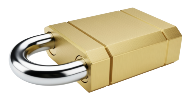 Isolated brass padlock with open shackle for securing valuable items from theft for security