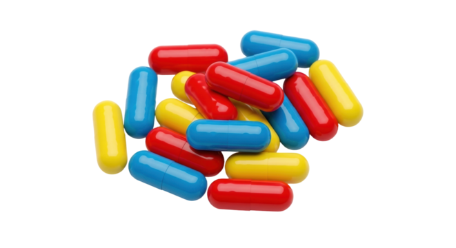 Isolated group of three-colored medical capsules, drugs and supplements for health issues
