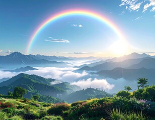Vibrant rainbow arches over a landscape of green hills, misty valleys, and distant mountains under a bright sky