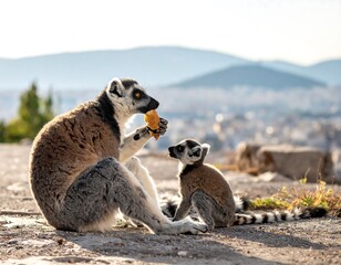 Fototapeta premium Two ring-tailed lemurs, one eating, sit outdoors with a blurred city background on a sunny day