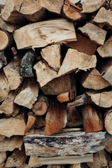 Close-up of a neatly stacked pile of firewood ready for winter
