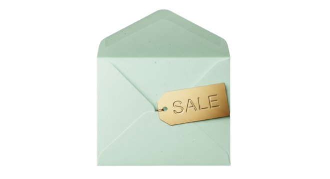 Isolated pastel envelope with a sale tag hanging off it indicating a discount or promotion