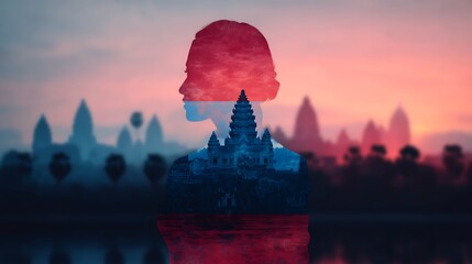 A silhouette of a person merged with a temple landscape, evoking a sense of culture and spirituality against a colorful sunset backdrop.