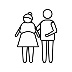 Stylized linear icon portraying an adult couple standing side-by-side, symbolizing mutual support, partnership, and enduring companionship