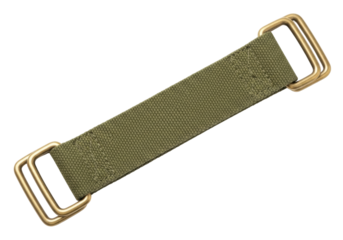 Isolated olive-green nylon webbing strap with gold-colored metal rings for binding and carrying