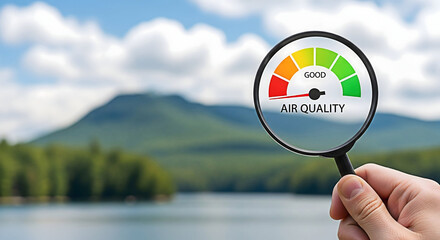 Air quality check concept showing good air quality with magnifying glass in nature background view