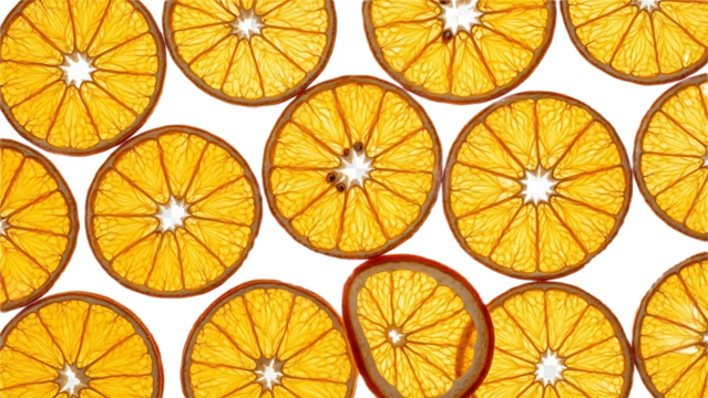 A vibrant array of translucent orange slices illuminated against a bright white background creating a pattern