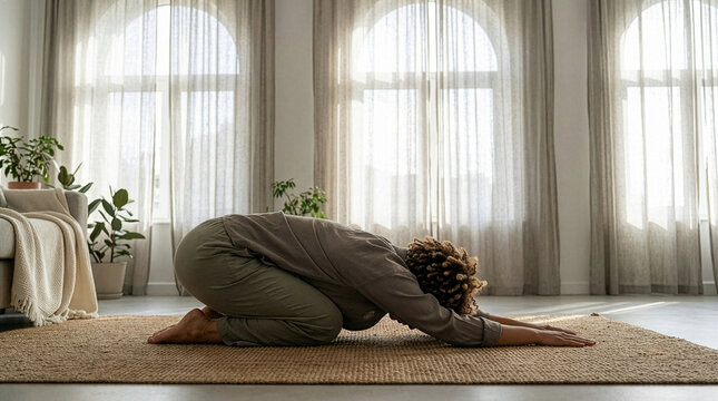Woman Practicing Child's Pose in Bright Room