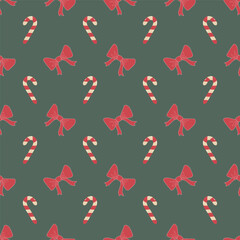 Christmas and New Year seamless pattern with candies and bows